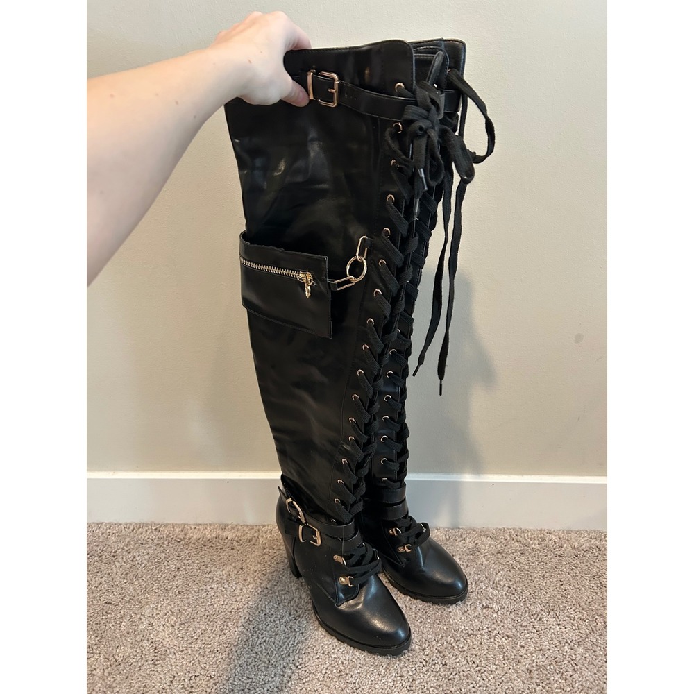 Elira Black Thigh High Lace Up Pocket Boots Buckle Block Heel Womens 8.5 #2223